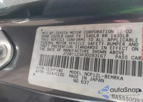 2003 Toyota Echo Base (M5) from USA, damaged, VIN JTDBT123X30283167